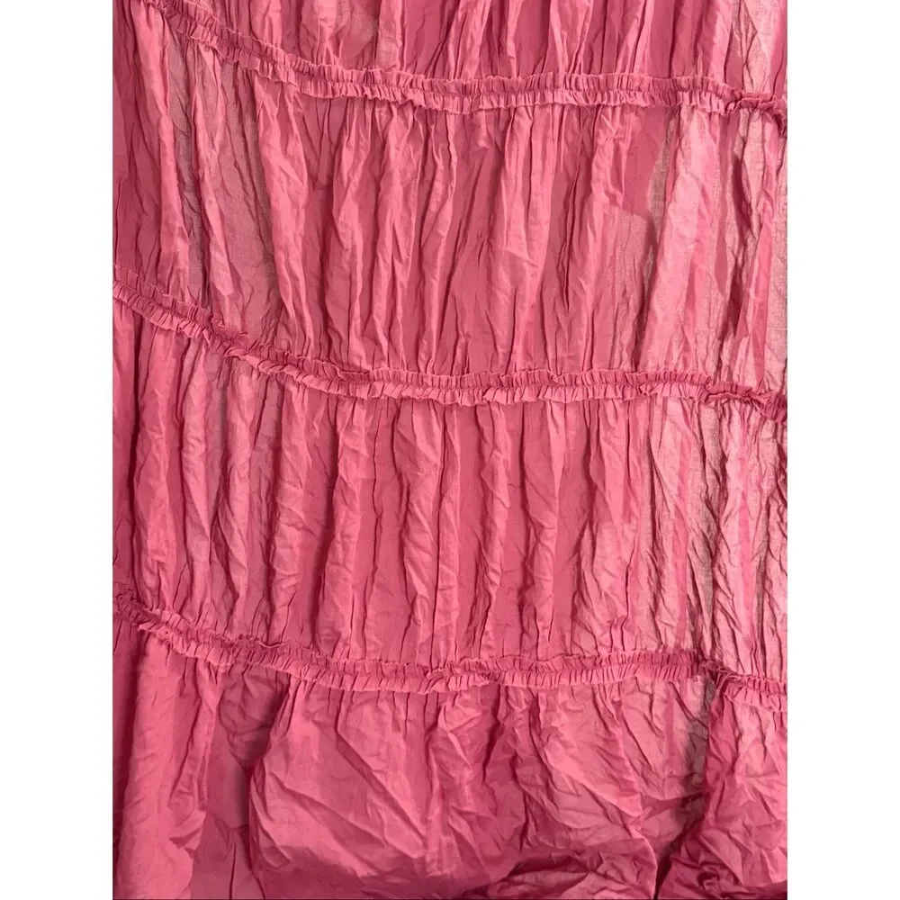 Anthropologie raspberry pink Tiered Ruffle tie curtain panel